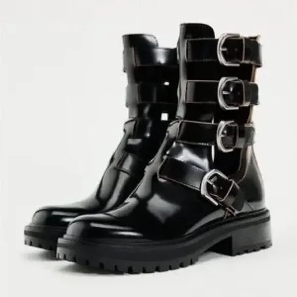 ZARA BUCKLED OPEN DETAIL LEATHER ANKLE BOOTS - Picture 5 of 6